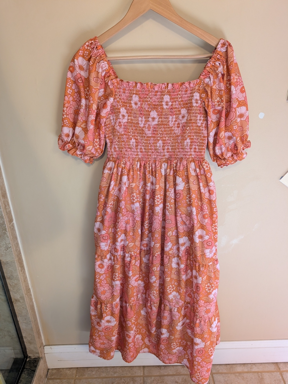 Smocked Floral Midi Dress in Peach Pink